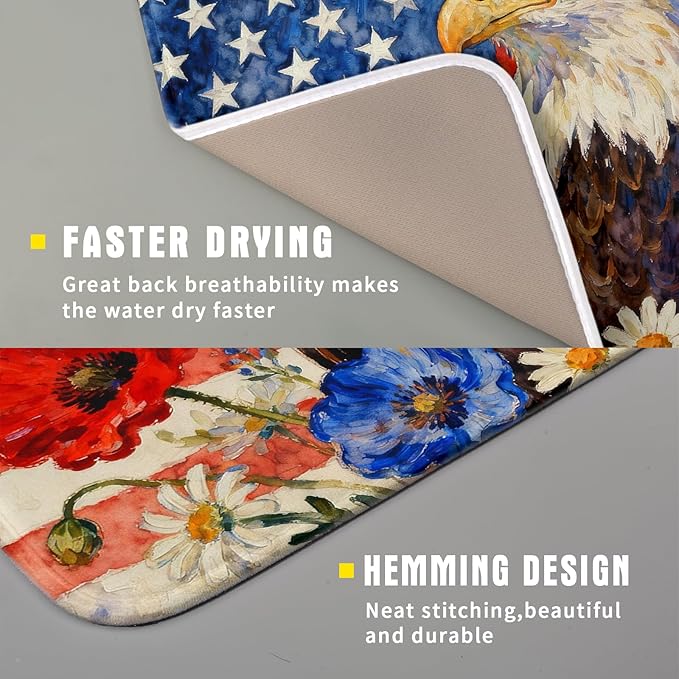4th of July American Flag Eagle Dish Drying Mat for Kitchen Counter 16x18 Patriotic Floral Memorial Day Absorbent Reversible Microfiber Drying Mats Kitchen Countertop Protector Dishes Drainer Pad