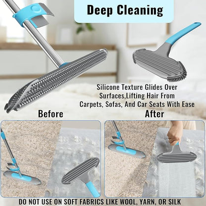 Carpet Rake for Pet Hair Removal Tool, 3 in 1 Carpet Scraper with 59" Adjustable Handle, Silicone Rug Rake for Dog & Cat Hair, Pet Hair Remover for Furniture, Couch, Pet Bed & Car Interior
