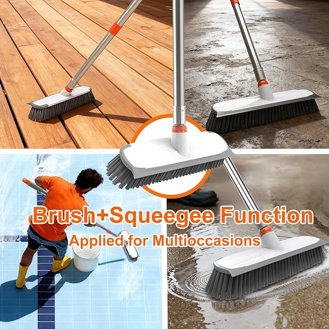 BITOPE Deck Scrub Brush with Long Handle, Heavy Duty Floor Cleaning Brush Scrubber with Stiff Bristle for Concrete Tile Patio Garage Bathroom
