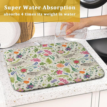 Spring Easter Dish Drying Mat for Kitchen Counter 16x18 Rabbit Bunny Green Pink Floral Vintage Print Absorbent Reversible Microfiber Drying Mats Kitchen Countertop Protector Dishes Drainer Rack Pad
