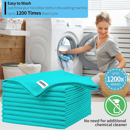 HOMERHYME Microfiber Cleaning Cloth - 10 Pack Glasses Cleaning Cloth, 16" x 14" Window Cleaning Rags, Streak Free Lint Free Polishing Cloths Wipes for Eye Glass, Stainless Steel, Windshield, Turquoise