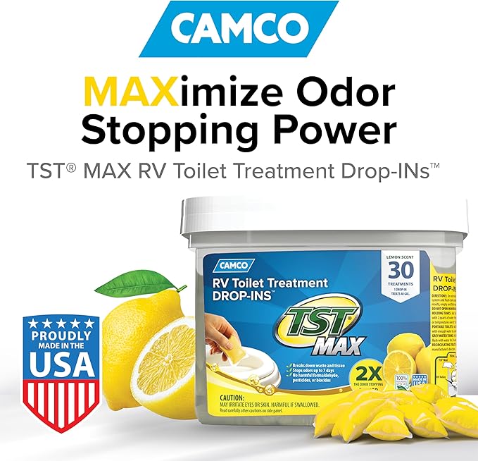 Camco TST MAX RV Toilet Treatment Drop-INs - Control Unwanted Odors & Break Down Waste and Tissue - Safe Septic Tank Treatment - Lemon Scent - 30-Count (41577)