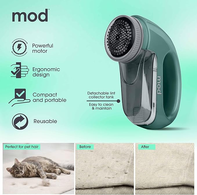 MOD Portable Fabric Shaver and Lint Remover, Reusable Pet Hair Remover, Lint Roller for Clothes, Sweater Shaver, Couch, Blankets, Curtains with Detachable Lint Collector Tank, Battery Operated, Green