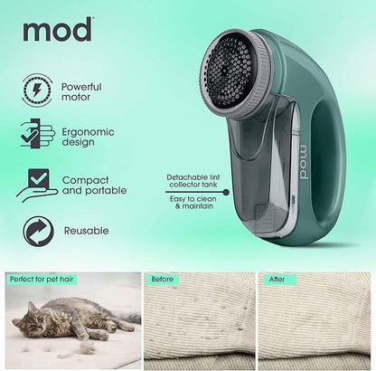 MOD Portable Fabric Shaver and Lint Remover, Reusable Pet Hair Remover, Lint Roller for Clothes, Sweater Shaver, Couch, Blankets, Curtains with Detachable Lint Collector Tank, Battery Operated, Green