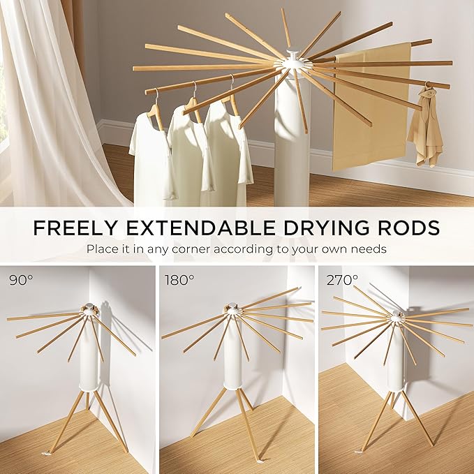 SUNOUTLY Tripod Clothes Drying Rack, Garment Rack Portable and Foldable Space Saving Laundry Drying Rack - Dryer Rack Clothing Floor Folding Balcony Bedroom Household (Beige(Wood), 16 rods)