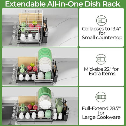 Large 2 Tier Dish Drying Rack, Extendable Dish Rack, Stainless Steel Anti-Rust Dish Rack for Kitchen Counter, Multifunctional Dish Drainer with Utensil & Cup Holder, 13.4"-28.7" L x 11.8" W