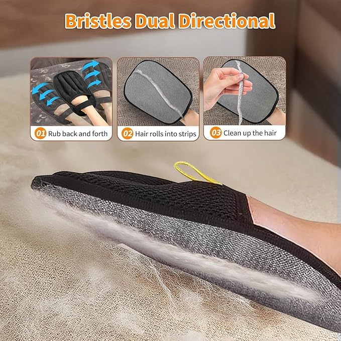 Pet Hair Removal Gloves, 2 Pack Reusable Electrostatic Cleaning Mitt for Couch, Carpet, Car Seats, Furniture, Black Mesh Design with Orange Pull Tab