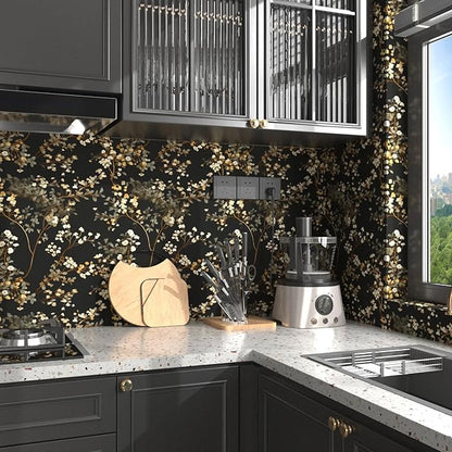 Fvlow Vintage Black Floral Peel and Stick Wallpaper 17.4" x 197", Dark Moody Leaves Pattern Contact Paper Waterproof Vinyl Chinoiserie Wall Covering for Bathroom Cabinets, Retro Art Decor Dark Gold