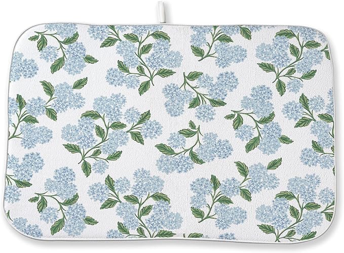 Blue Green Dish Drying Mat 18x24 Inch Vintage Floral Hydrangea Flower Drying Mat Spring Summer Absorbent Dish Drying Pad Dish Rack Drainer Mats for Kitchen Dining Counter
