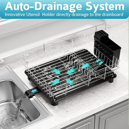 Dish Drying Rack - Space Saving Dish Rack - Dish Racks for Kitchen Counter with Drainboard,Rustproof Dish Drainer with Removable Utensil Holder,Black