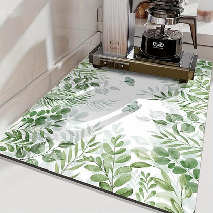 LOKHOM Dish Drying Mat for Kitchen Counter, 18"x24" Absorbent Mat with Green Plant & Butterfly Pattern, Drain Rack Mat for Counter Coffee Maker, Dining Room Decor