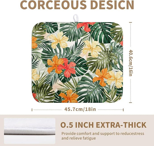 Tropical Leaves Flower Drying Mat for Kitchen Counter Summer Palm Leaf Drying Dish Mat Watercolor Herbs Dishes Pad Absorbent Fast Dry Kitchen Accessories 16x18 Inch