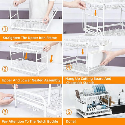 2 Tier Dish Drainers Drying Rack for Kitchen Counter Dishes Drain with Drainboard, Space Saving, Countertop Dryer Strainer Holder and Extra Tray, White