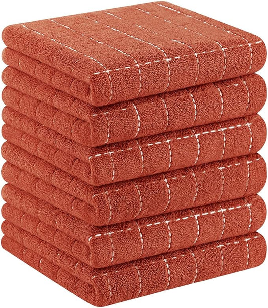 Homaxy 100% Cotton Terry Kitchen Towels(Rust, 13 x 28 inches), Checkered Designed, Soft and Super Absorbent Dish Towels, 6 Pack