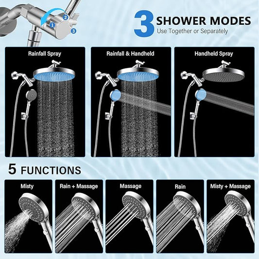 FASDUNT High Pressure Rain Shower Head with Handheld Spray Combo, 10" Rainfall Shower Head with Adjustable Integrated Extension Arm, Detachable Dual Shower Heads with 80" Long Stainless Steel Hose