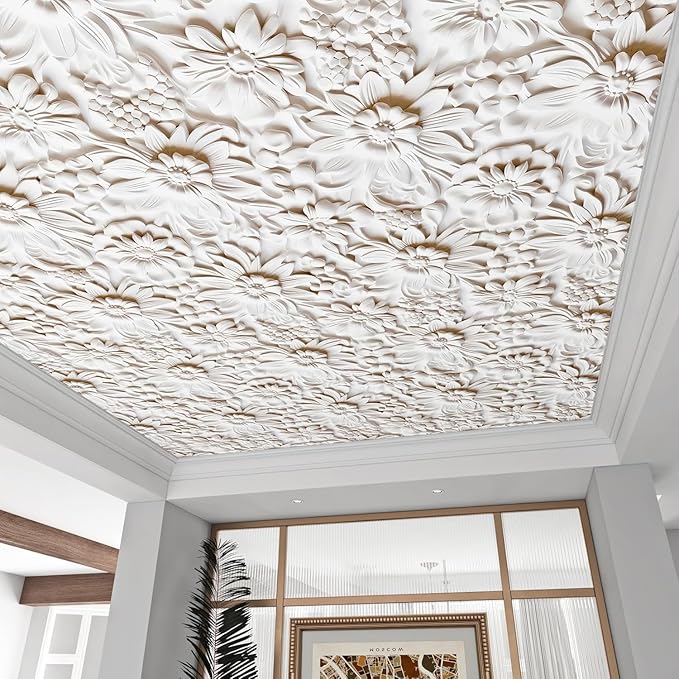 FunStick 17.5x590 Off White 3D Floral Peel and Stick Wallpaper Vintage Embossed Floral Contact Paper White Vinyl Renter Friendly Wall Paper for Bathroom Kitchen Accent Wall Cabinets Ceiling Waterproof