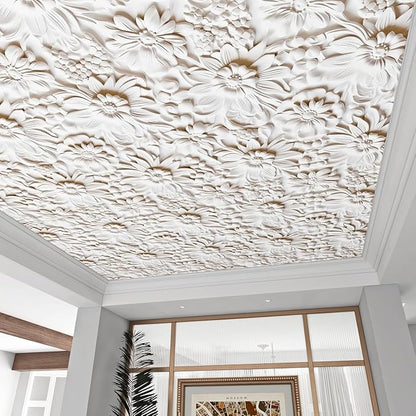 FunStick 17.5x590 Off White 3D Floral Peel and Stick Wallpaper Vintage Embossed Floral Contact Paper White Vinyl Renter Friendly Wall Paper for Bathroom Kitchen Accent Wall Cabinets Ceiling Waterproof