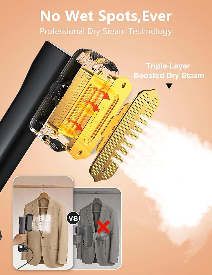 Steamer for Clothes,Portable Handheld Garment Steamer, 200ml Capacity,1000W 15s Fast Heat-UP, Leak-Proof Fabric Wrinkle Remover Ceramic Panel, 2-in-1 Dry & Wet Iron for Home and Travel -Black&Golden