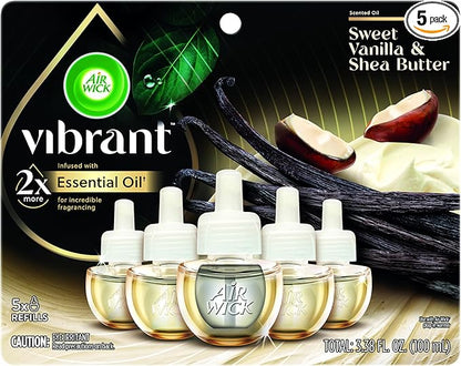Air Wick Vibrant Plug In Scented Oil Refill, Infused with Essential Oils, Plug In Air Fresheners for Home, Sweet Vanilla & Shea Butter, 5 ct