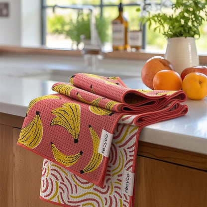 RECYCO Waffle Kitchen Towel Set of 2 - Quick Dry Microfiber Sustainable Dish Towels - Ultra Absorbent Reusable Cleaning Tea Towels - Lightweight Hand Towels,16”x 28”, Banana Joy