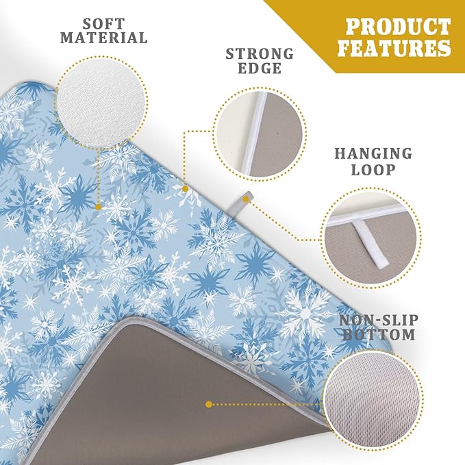Winter Snowflake Dish Drying Mat for Kitchen Counter Blue White Christmas Snowflake Drying Mat 18x24 Inch Xmas Holiday Absorbent Dish Drainer Mat Christmas Kitchen Accessories