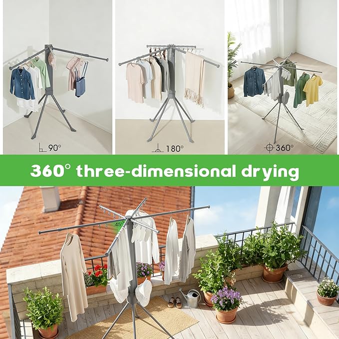 cjc Foldable Clothes Drying Rack, Drying Rack Clothing,Collapsible Drying Racks for Laundry Used for Indoor, Outdoor, 4 Retractable Drying Rods + 4 Shoe Racks + 4 Sock Clips with 16 Clips/Grey
