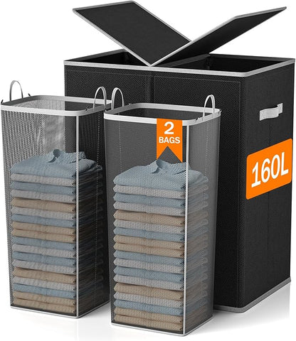 Laundry Hamper with Lid 160L Laundry Basket - Double Clothes Hamper with 2 Removable Bags, 2 Section Large Laundry Basket Organizer for Laundry Room, Bedroom, Hampers for Laundry