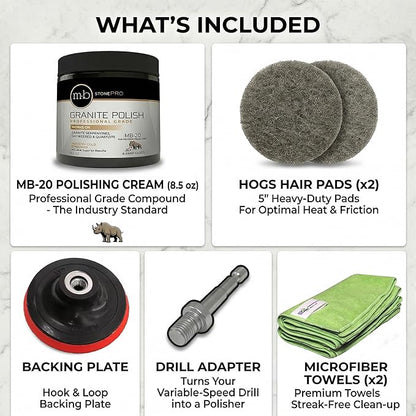 MB-20 Granite Polishing Kit Professional Grade Stone Restoration Bundle Includes 8.5oz Polishing Cream, 2x Hogs Hair Pads, Backing Plate with Drill Adapter & 2x Microfiber Towels