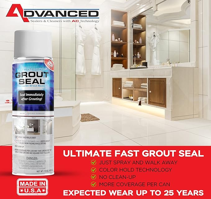 ADVANCED Sealers & Cleaners Ultimate Fast Grout Seal 15 Ounce – Aerosol Spray-On Instant Sealer with Color Hold Technology 800-1000 Linear Feet Per Can, Natural Stone, Masonry Concrete - 6 Pack