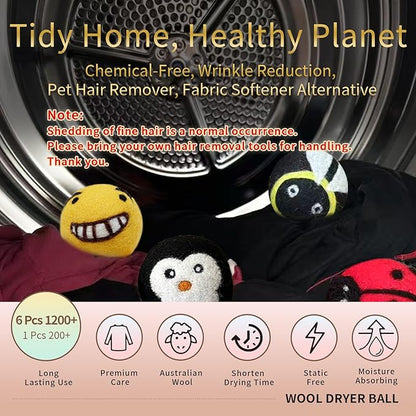 Solid Color Wool Dryer Balls 6-Pack,Hypoallergenic Softener Alternative, Assorted Pure Hues, All-Season Performance Cut Drying Time & Static for Organic Cotton