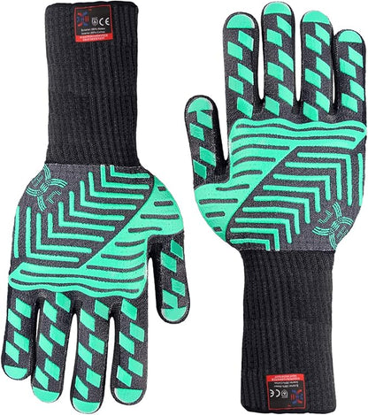 J H Heat Resistant Oven Glove:EN407 Certified 932 °F, 2 Layers Silicone Coating, Oven Mitts for Cooking, Kitchen, Fireplace,Camping, Grilling (Black/Green, Extra Long Cuff)