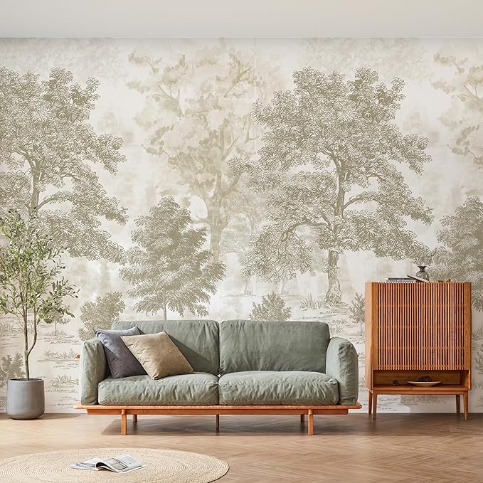 Zeeko Vintage Forest Wall Murals Peel and Stick 177" W x 110" H Beige Tree Wallpaper Self-Adhesive Large Nature Landscapes Murals Canvas Wall Decor for Bedroom Bathroom