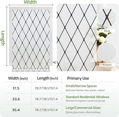 LUTE Frosted Window Privacy Film, Static Cling UV Sun Blocking Heat Control Window Cover, Removable Non-Adhesive Glass Sticker Vinyl Decorative Bathroom Frosting Decals, Black Lattice, 23.6" x 78.7"