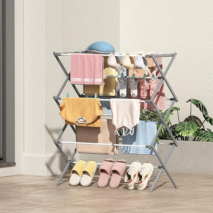 KINGBOARD Clothes Drying Rack, Collapsible Drying Rack Clothing with 11 Poles, 3-Tier Laundry Drying Rack, Small Clothes Drying Rack Foldable for Baby Clothes, 25lb Capacity, Grey