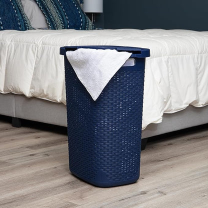 Mind Reader Slim Laundry Hamper with Lid, 60L Tall Clothes Basket, Narrow Tapered Design for Bathrooms, Closets and Laundry Rooms, Plastic, Navy