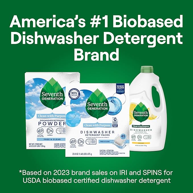 Seventh Generation Dishwasher Detergent Packs, Blasts Away Stuck-On Food, Free & Clear, 20 Packs