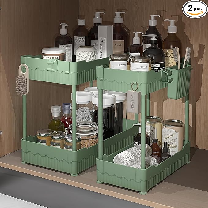 2 Pack Under Sink Organizer, Under Bathroom Cabinet Organizer with Hooks Hanging Cup, Multi-Purpose Storage Shelf for Kitchen Bathroom (Green, 14.8 Inch)