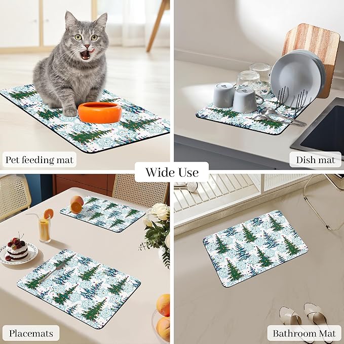 Bloss Christmas Dish Drying Mat, 19x12 Inch Coffee Mat with Christmas Tree + Snowflakes Printed, Drying Matt Kitchen Counter / Bar Mat