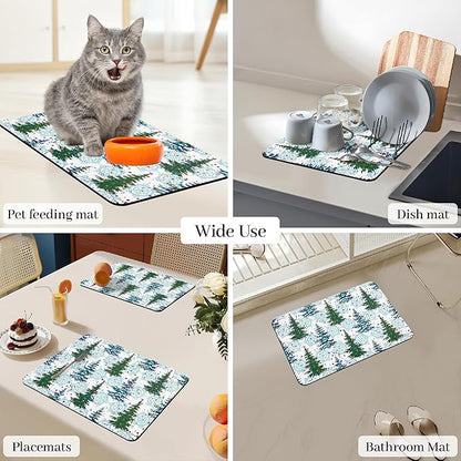 Bloss Christmas Dish Drying Mat, 19x12 Inch Coffee Mat with Christmas Tree + Snowflakes Printed, Drying Matt Kitchen Counter / Bar Mat
