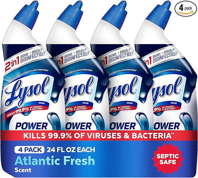 Lysol Toilet Bowl Cleaner, Max Strength Bathroom Cleaning Supplies, Toilet Bowl Cleaner Clinging Gel, Home Essential, Instant Stain Removal, Disinfecting and Deodorizing, Bleach Free, 24 oz (4ct)