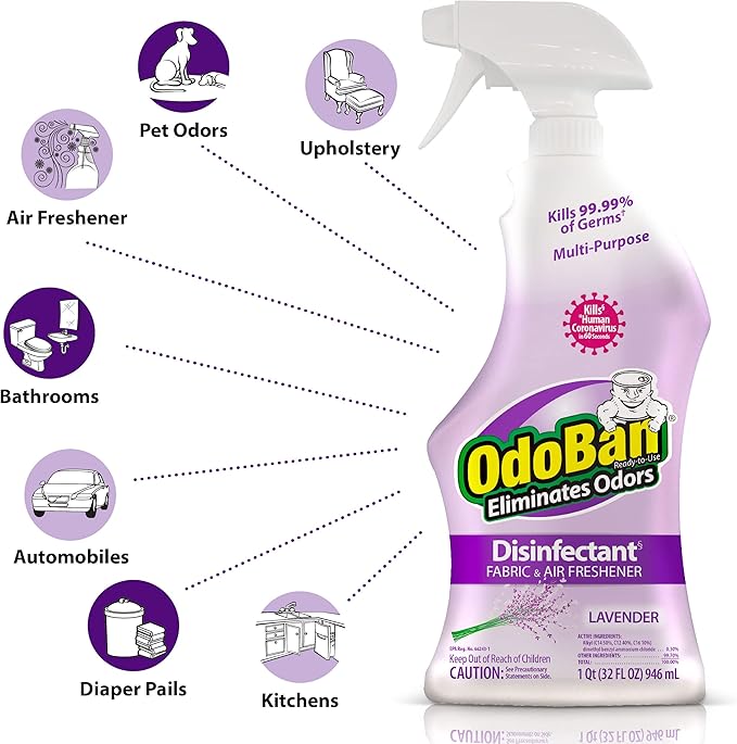 OdoBan Ready-to-Use Disinfectant and Odor Eliminator, Set of 4 Spray Bottles, 32 Ounces Each, Lavender Scent