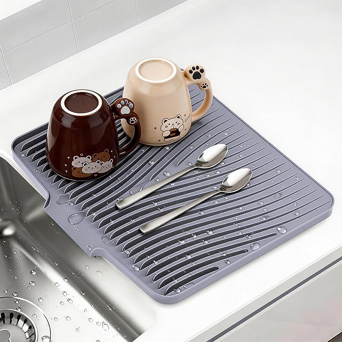 Silicone Dish Drying Mat for Kitchen Counter, Non-Slip Drain Pad, Dish Drying Pad, Easy to Clean Dish Rack Pad, Multi-Use as Heat Resistant Trivet, 19.7" x 17" , Grey