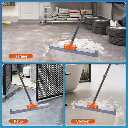 Rubber Floor Squeegee for Concrete Floor, Tile Floor, Metal Aluminium Heavy Duty Garage Shower Floor Squeegee Broom for Removing Water, Commercial Scrubber Mop with Extendable Long Handle