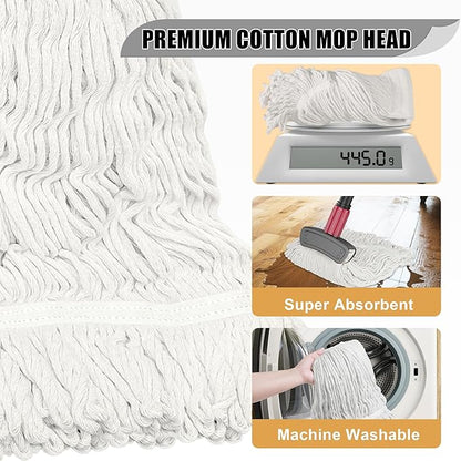 Commercial Mops for Floor Cleaning - Looped-End Heavy Duty Wet Mop with Long Handle for Hardwood Wood Tile Vinyl - Reusable Cotton Head for Home Garage Kichen Bathroom