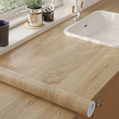 Wood Contact Paper Peel and Stick - Self Adhesive Vinyl Wrap Cabinet Wooden Oak Grain Wallpaper - Kitchen Waterproof Countertop Wall Cover Roll - Removable Covering for Counter Furniture 17.5x393.7in