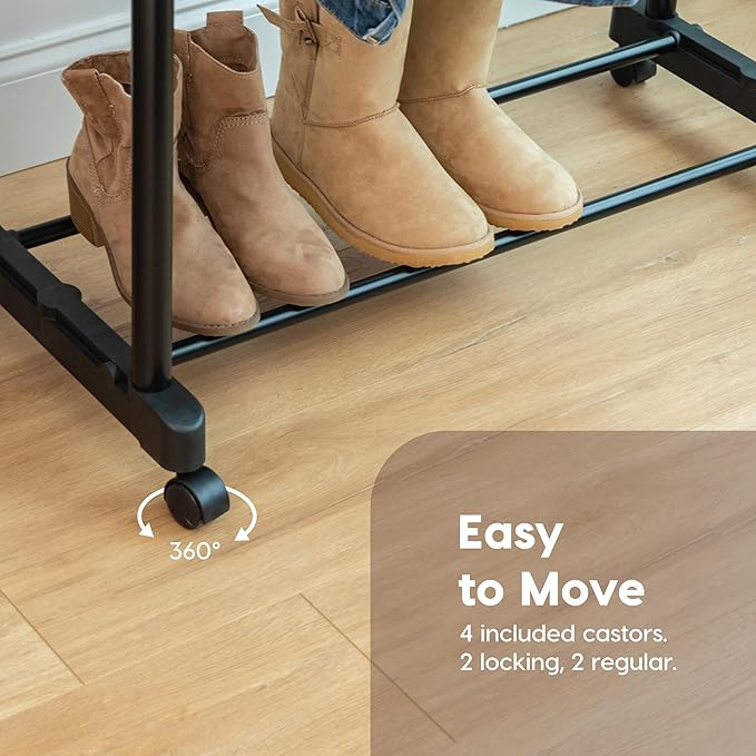 IRIS USA Portable Double-Rod Height Adjustable Clothes Rack with Extendable Bar and Lockable Wheels, Rolling Garment, Double Rod Wardrobe Rack, Easy Assemble, for Clothes, Belts, Shoes, and Bags