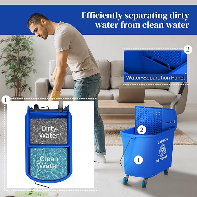 HOMCOM Commercial Mop Bucket with Side Press Wringer on Wheels for Floor Cleaning, 21 Quart, Separate Dirty and Clean Water, for Home Apartment Small Business and Office, Blue