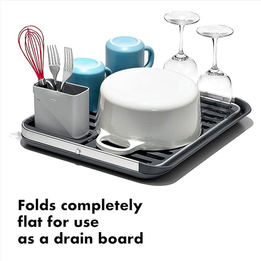 OXO Good Grips Aluminum Fold Flat Dish Drying Rack, 2-Tier, with Drainboard, for Kitchen Counter, Collapsible