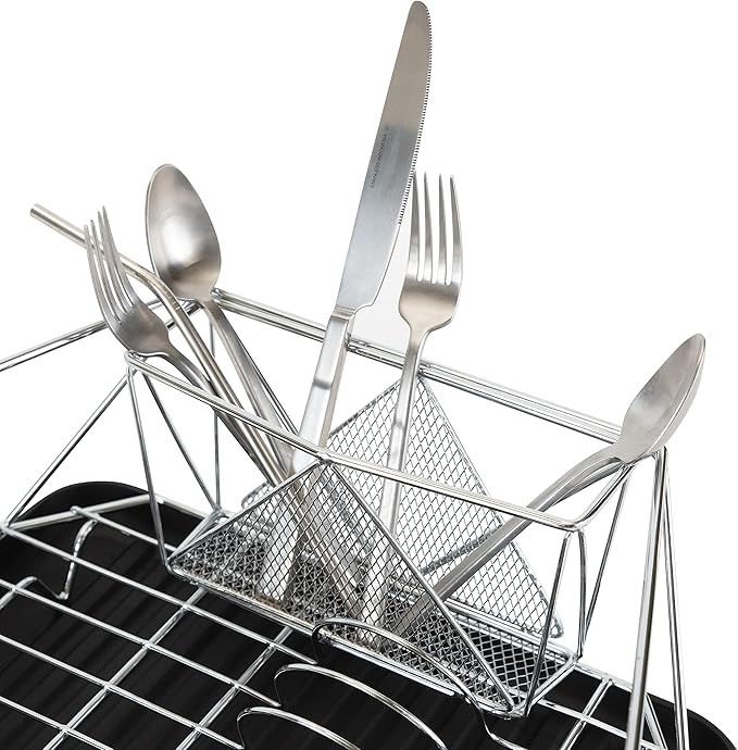 Kitchen Details Geode Deluxe Dish Drying Rack with Drain Board | Cutlery Basket | Utensil Holder | Iron Frame | Chrome