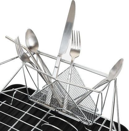 Kitchen Details Geode Deluxe Dish Drying Rack with Drain Board | Cutlery Basket | Utensil Holder | Iron Frame | Chrome
